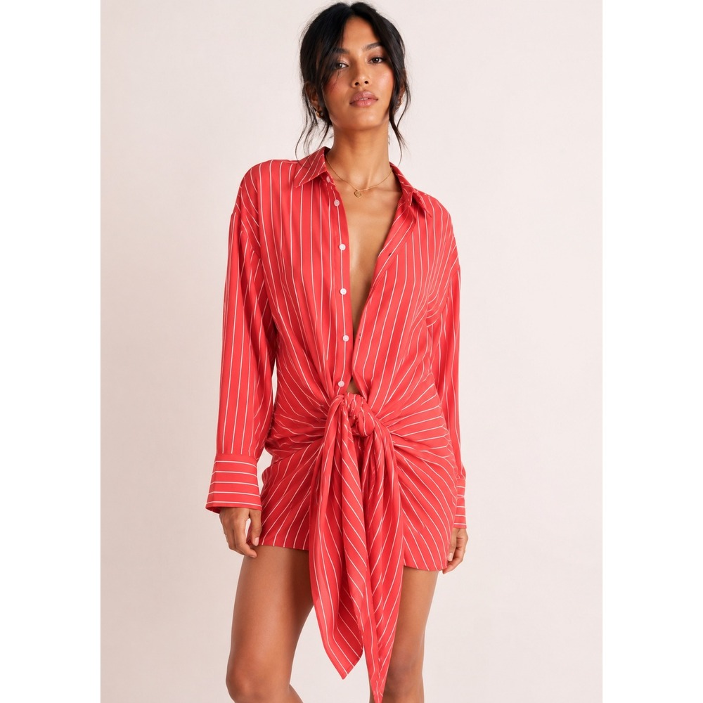 Bardot Red White Striped Front Tie Mini Shirt Dress Urban Outfitters Small - Picture 1 of 5